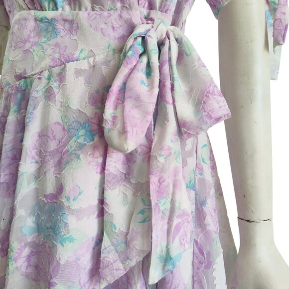 Skies Are Blue Cleo Coquette Puffy Tie Sleeve Floral Jacquard Wrap Dress M NWT - Picture 9 of 13